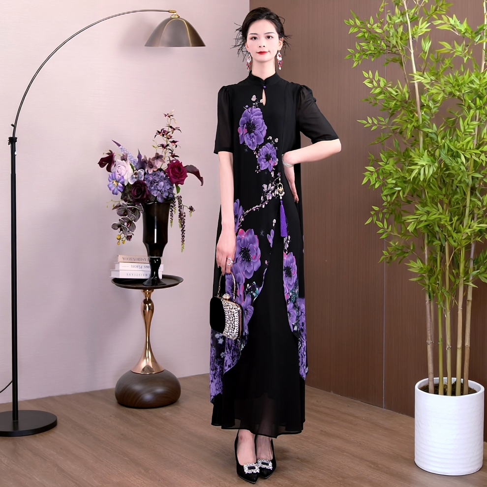 墨紫染香牡丹花 轻国风优雅气质收腰显瘦长款过膝新中式连衣裙
