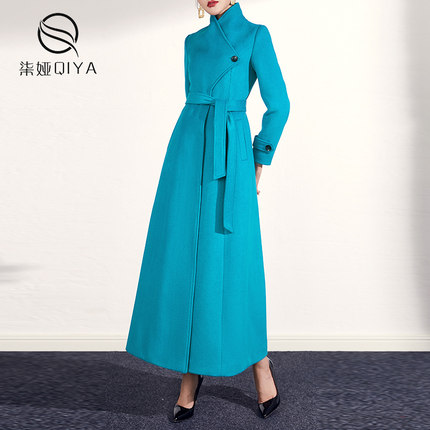 湖蓝色大衣女中长款羊毛呢外套超长收腰修身2024新款秋冬时尚气质