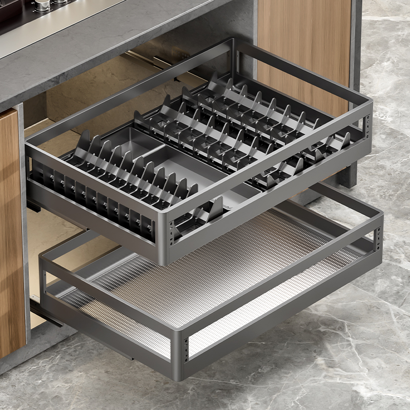 升级加厚304不锈钢橱柜碗碟拉篮