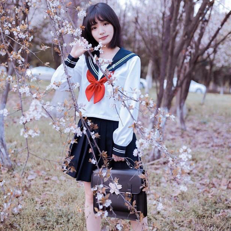 日系jk百褶裙套装大码45xl女学生长袖蝴蝶结蓝白学院风三本水手服