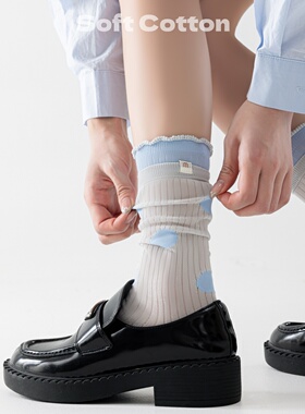 日系甜美蓝色花边堆堆袜女春夏薄款灰色中筒长袜配乐福鞋的袜子