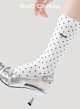 白色波点中筒袜春夏薄款袜子女士2026新款爆款刺绣字母日系堆堆袜