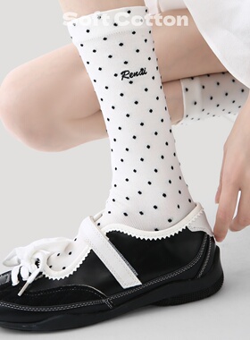 袜子女高筒袜外穿潮网红款白色刺绣波点中筒袜春夏薄款韩版堆堆袜
