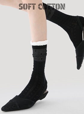 搭配玛丽珍鞋的黑色中筒袜女春夏薄款泡泡口小香风黑白撞色堆堆袜