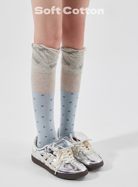 网红爆款女士小腿袜春夏季浅蓝色圆点及膝高筒纯棉无骨堆堆长袜