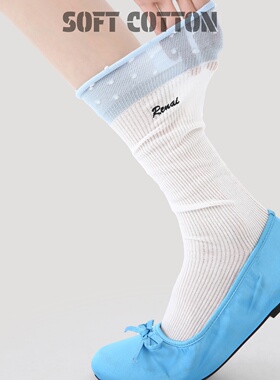 堆堆袜女春夏季薄款白色卷边波点刺绣字母中筒袜百搭显瘦长筒袜