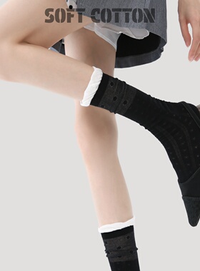 法式复古黑色中筒袜女春夏天薄款蕾丝花边波点堆堆袜配玛丽珍鞋