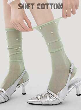 袜子女2026新款爆款堆堆袜春夏季薄款珍珠装饰卷边绿色中筒袜女