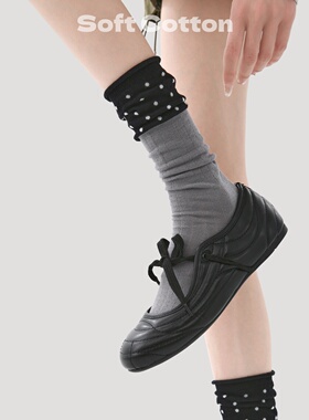 波点袜子女中筒春夏款卷边袜子纯棉无骨撞色黑色竖纹ins潮堆堆袜