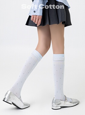 小腿袜女春夏季外穿高颜值蓝色高筒袜微压显瘦纯棉无骨波点堆堆袜