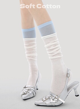 小腿袜女春夏薄款韩版东大门假两件撞色堆堆袜日系小清新白色长袜