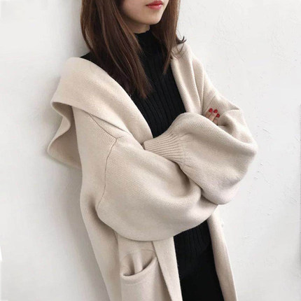 连帽针织开衫女2023秋冬新款加厚宽松气质针织衫中长款毛衣外套潮