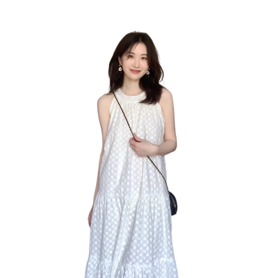 白色无袖挂脖连衣裙气质中长款