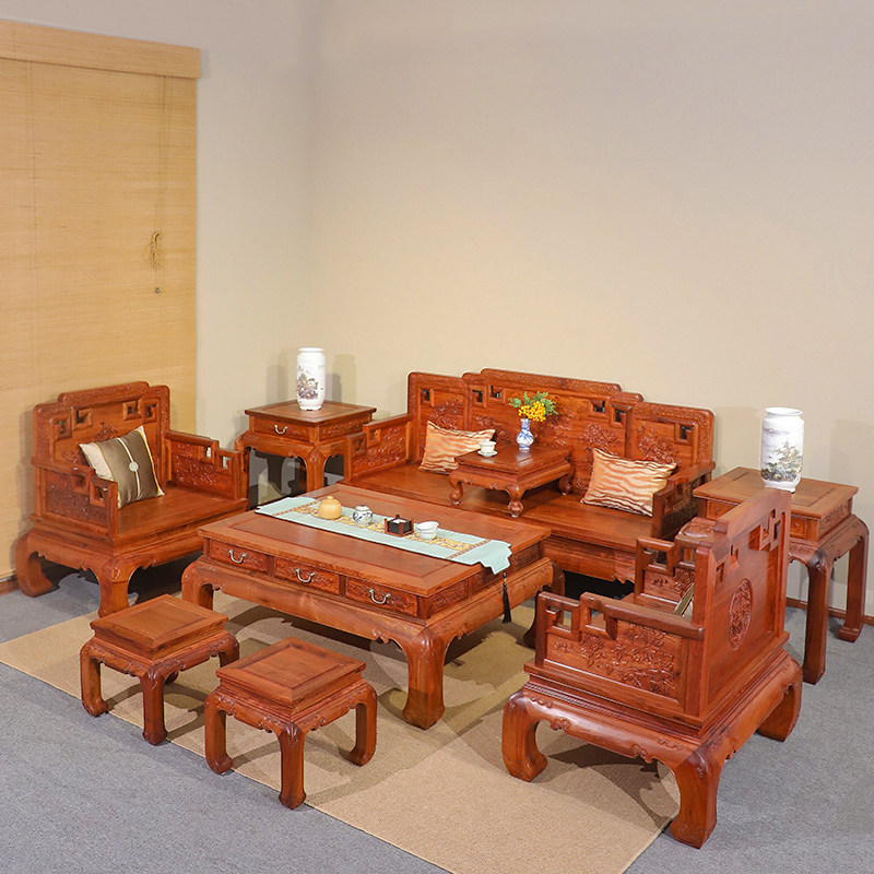 齐家守艺人缅甸花梨木大果紫檀明清古典沙发会客九件套红木家具