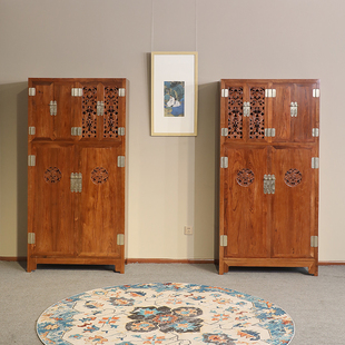 齐家守艺人伯利兹黄檀明清古典透雕福庆有余传统纹案书柜对柜红木