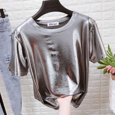Pearlescent shiny short sleeved shirt for women, sparkling
