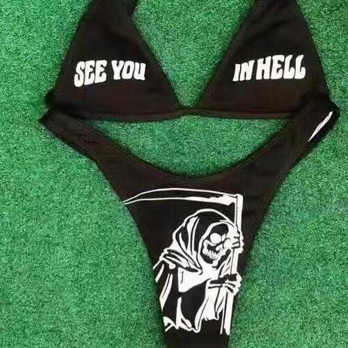 Bizarre style pit strip offset printed bikini swimsuit