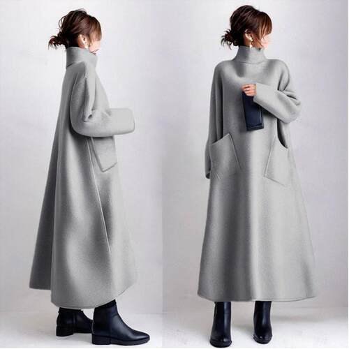 High neck woolen long sleeved dress, oversized long skirt,