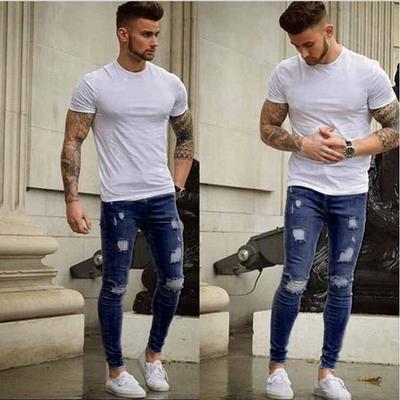 Grinding white and worn small leg jeans for men, tight