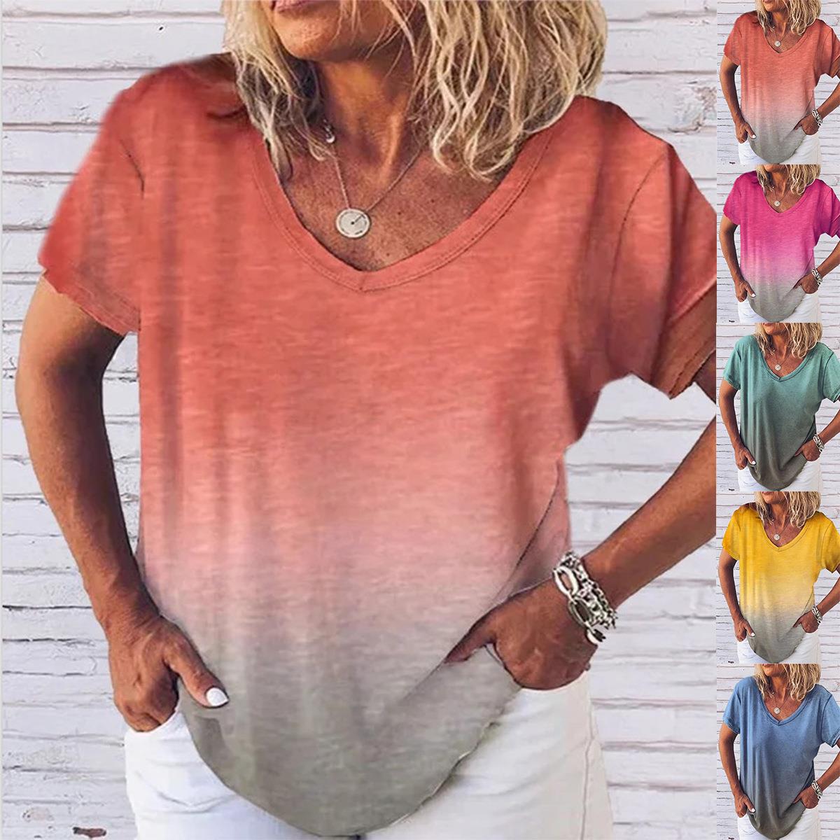 Edge short sleeved collar gradient printed T-shirt top