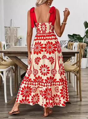 Women's fashion dress with floral shoulder straps and tied