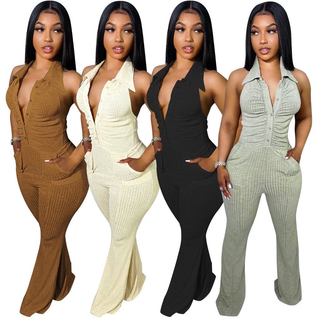 Women's plain back hanging neck lapel sweater jumpsuit