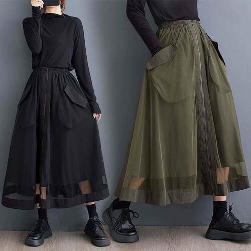 Autumn large pocket hanging mesh skirt, zipper elastic