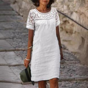 Lace patchwork cotton linen short sleeved dress