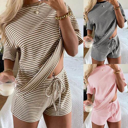 Round neck pullover short sleeved shorts drawstring set