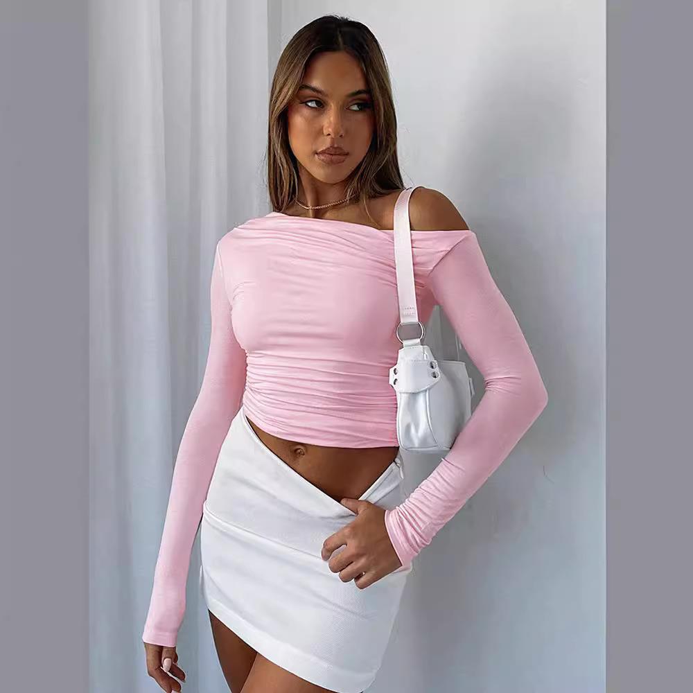 Women's slanted shoulder crop top long sleeved