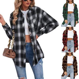 style with flannel shirt down checkered Collar long button