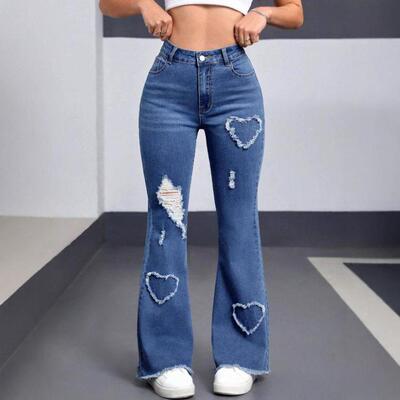 Women's jeans with elastic heart-shaped pattern,