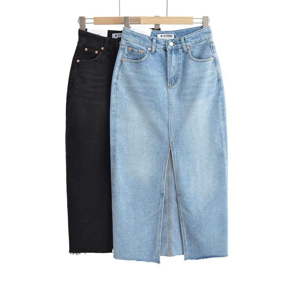 Women's high slit fringed denim skirt looks slim, long skirt