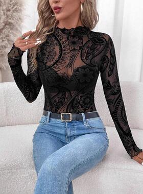 Women's Paisley plush printed mesh long sleeved