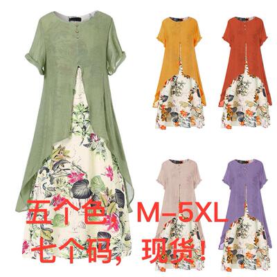 Cotton and linen floral long dress, plus size women's