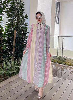 Dress, women's dress, long skirt, lapel, striped shirt,