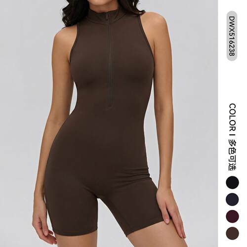 Back hollow out front half zipper short jumpsuit for