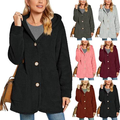 Women's plush hooded pocket cardigan jacket