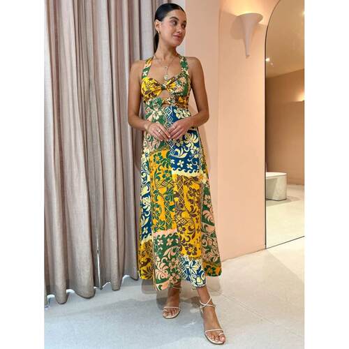 Cotton and linen printed dress with sleeveless collar and