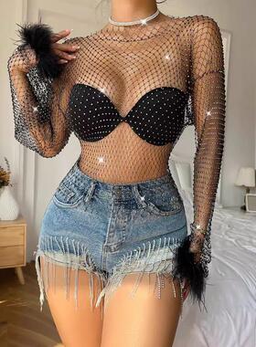 Women's sparkling diamond grid hollow long sleeved women's