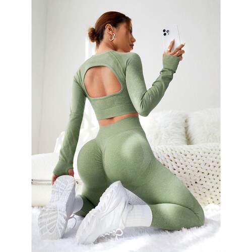 Backless long sleeved yoga suit set, tight fitting sports