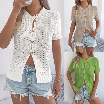 Hollow out short sleeved knitted sweater top for women's