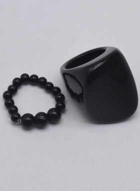 冷淡风黑色亚克力珠珠戒指方型树脂食指戒时尚简约潮流几何指环女