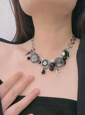 黑色回忆纽扣星星项链重工辣妹甜酷颈链亚文化夸张哥特朋克锁骨链