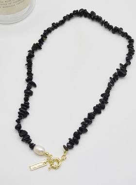 不规则黑色碎石珍珠拼接项链欧美时髦小众平安扣颈链高级锁骨链女