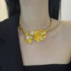 中古金属复古金色山茶花重工项圈项链女立体珍珠花瓣开口锁骨颈链