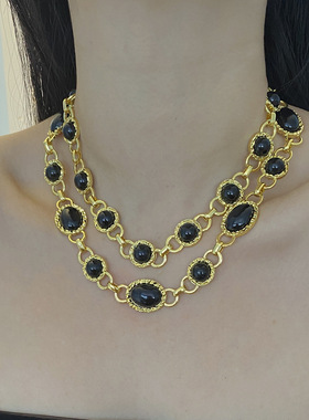 宫廷风中古黑色椭圆粗项链女复古金属风时髦高级感毛衣链锁骨配饰