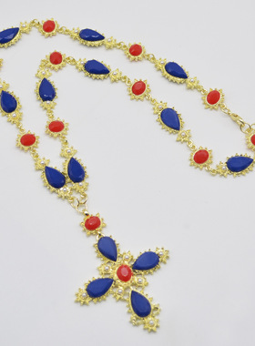 欧美巴洛克中世纪配饰项链复古风情十字架蓝色红色宝石毛衣链女潮