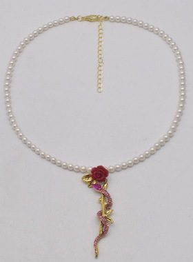 复古红色玫瑰花镶钻蛇形吊坠项链女冷淡风小众高级感个性潮流颈链