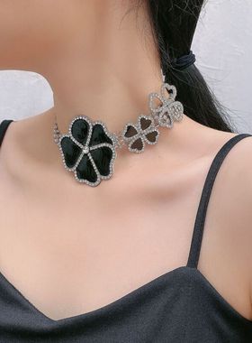 欧美个性夸张闪钻黑色大花朵项链女轻奢高级感锁骨链百搭项圈颈链